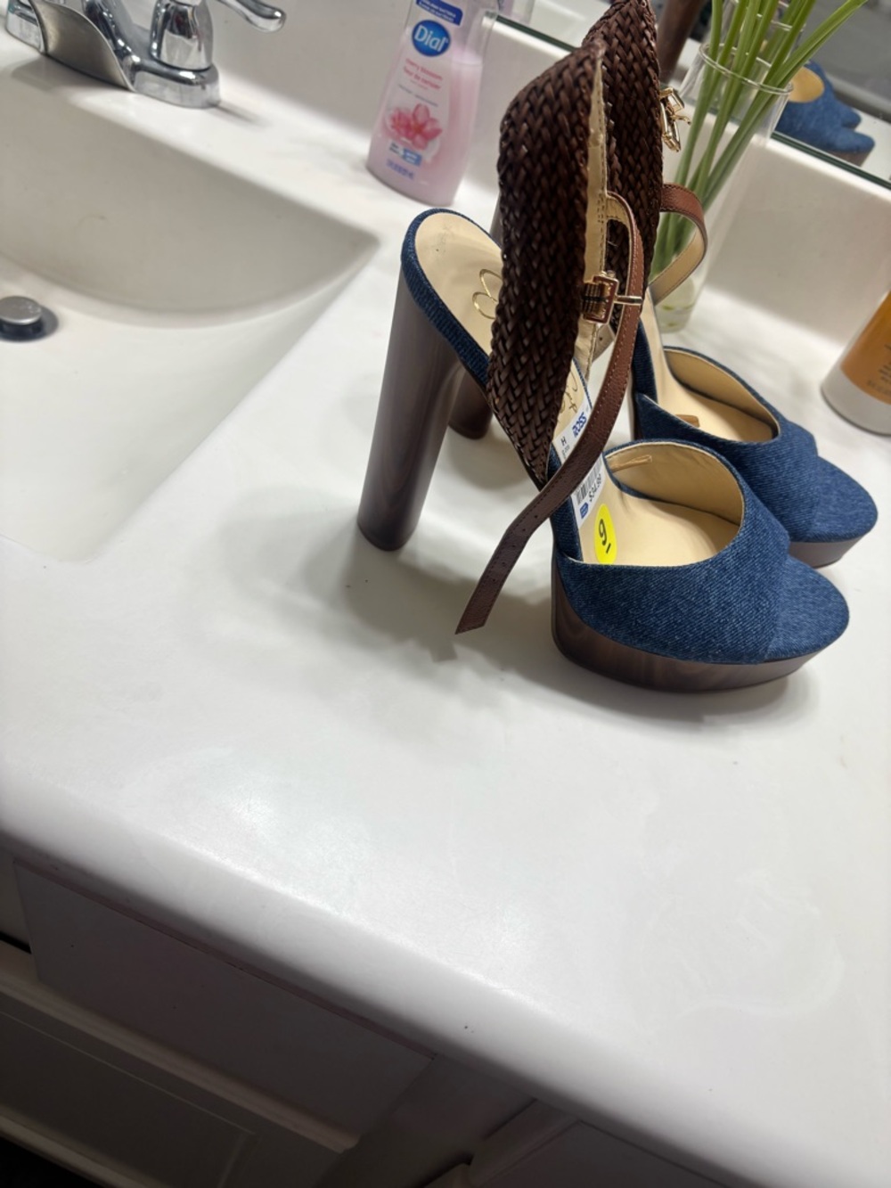 Jessica Simpson Denim Platform Sandals with Brown Woven Ankle Strap